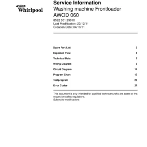 Whirlpool awod 060 service manual cover Whirlpool logo, Whirlpool EMEA customer service, model type, publication date, document number and service manual contents