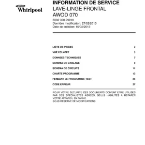 Whirlpool awod 070 couverture du manuel d entretien Whirlpool logo, Whirlpool EMEA customer service, model type, publication date, document number and service manual contents