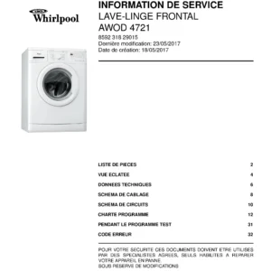 Whirlpool awod 4721 couverture du manuel d entretien Whirlpool logo, Whirlpool EMEA customer service, model type, publication date, document number and service manual contents
