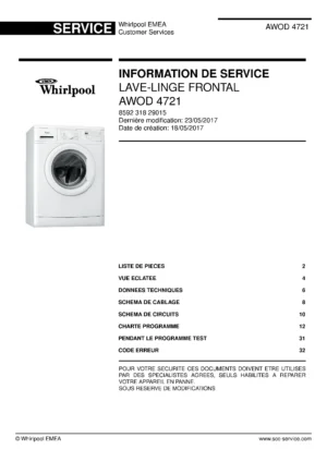 Whirlpool awod 4721 couverture du manuel d entretien Whirlpool logo, Whirlpool EMEA customer service, model type, publication date, document number and service manual contents