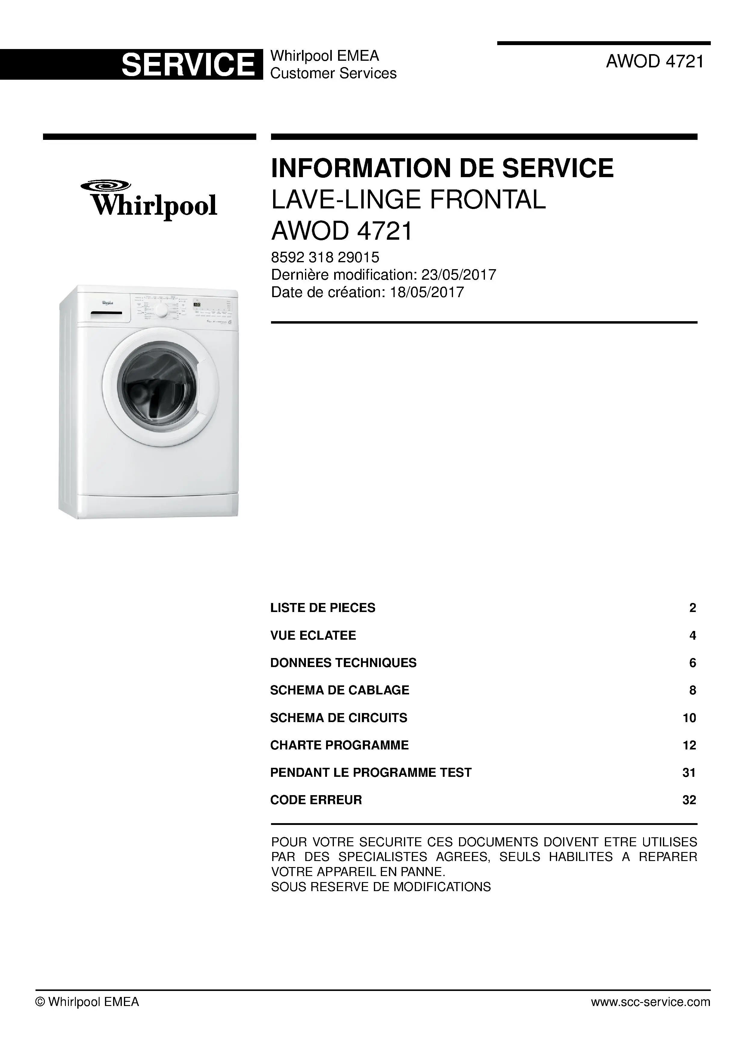 Whirlpool awod 4721 couverture du manuel d entretien Whirlpool logo, Whirlpool EMEA customer service, model type, publication date, document number and service manual contents