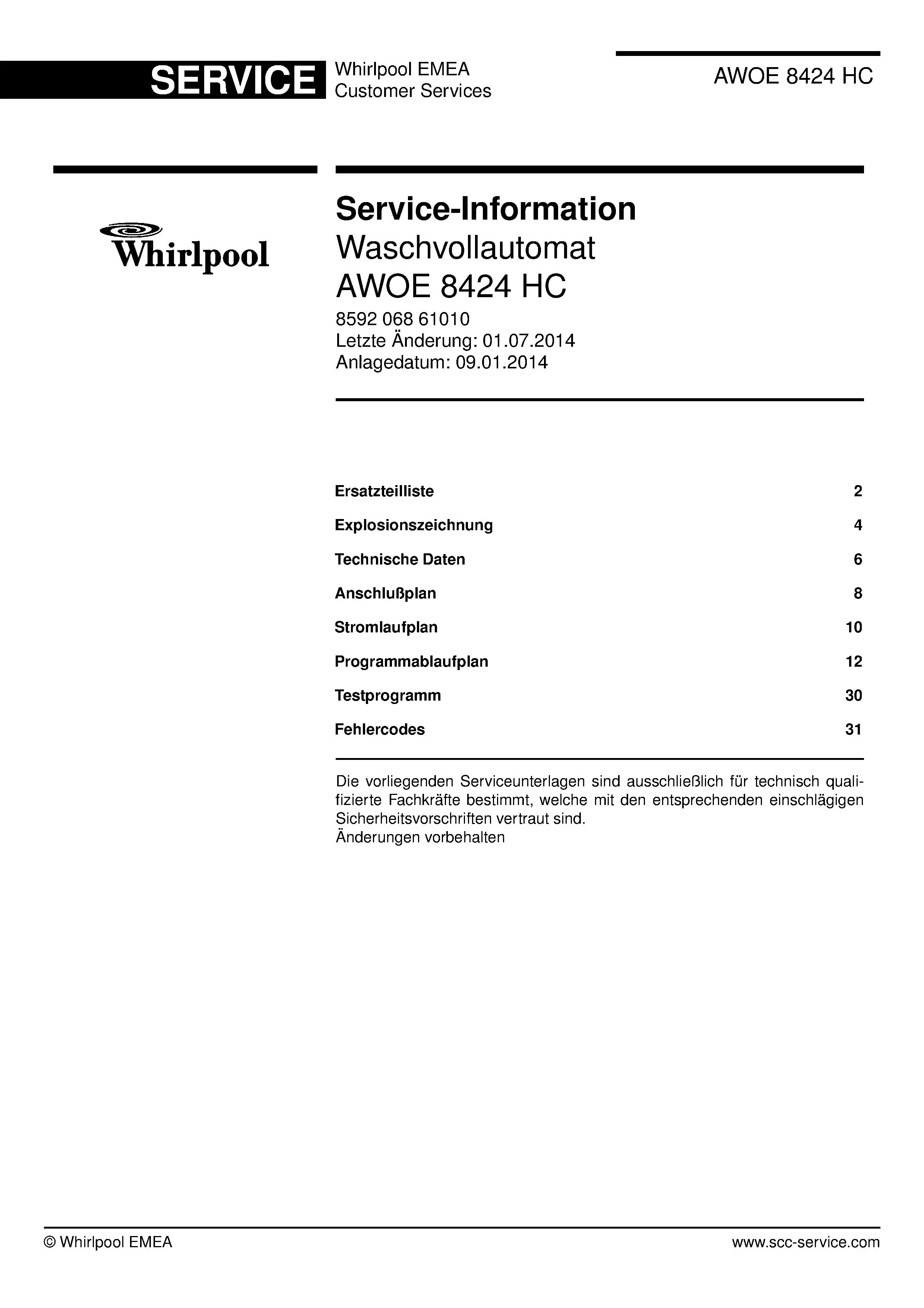 Whirlpool awoe 8424 hc deckblatt der serviceanleitung Whirlpool logo, Whirlpool EMEA customer service, model type, publication date, document number and service manual contents