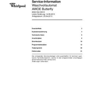 Whirlpool awoe butterfly deckblatt der serviceanleitung Whirlpool logo, Whirlpool EMEA customer service, model type, publication date, document number and service manual contents