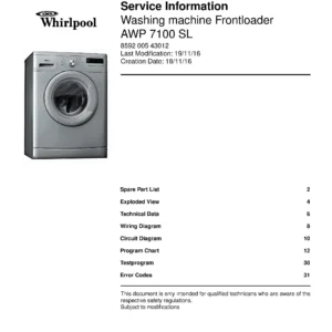 Whirlpool awp 7100 sl service manual cover Whirlpool logo, Whirlpool EMEA customer service, model type, publication date, document number and service manual contents