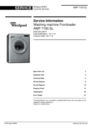 Whirlpool awp 7100 sl service manual cover Whirlpool logo, Whirlpool EMEA customer service, model type, publication date, document number and service manual contents