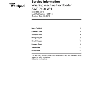 Whirlpool awp 7100 wh service manual cover Whirlpool logo, Whirlpool EMEA customer service, model type, publication date, document number and service manual contents