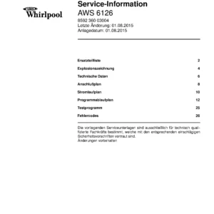 Whirlpool aws 6126 deckblatt der serviceanleitung Whirlpool logo, Whirlpool EMEA customer service, model type, publication date, document number and service manual contents