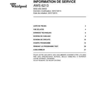 Whirlpool aws 6213 couverture du manuel d entretien Whirlpool logo, Whirlpool EMEA customer service, model type, publication date, document number and service manual contents