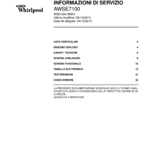 Whirlpool awse7100 copertina del manuale di servizio Whirlpool logo, Whirlpool EMEA customer service, model type, publication date, document number and service manual contents