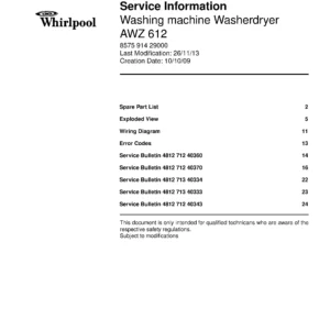 Whirlpool awz 612 service manual cover Whirlpool logo, Whirlpool EMEA customer service, model type, publication date, document number and service manual contents