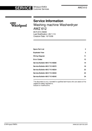 Whirlpool awz 612 service manual cover Whirlpool logo, Whirlpool EMEA customer service, model type, publication date, document number and service manual contents