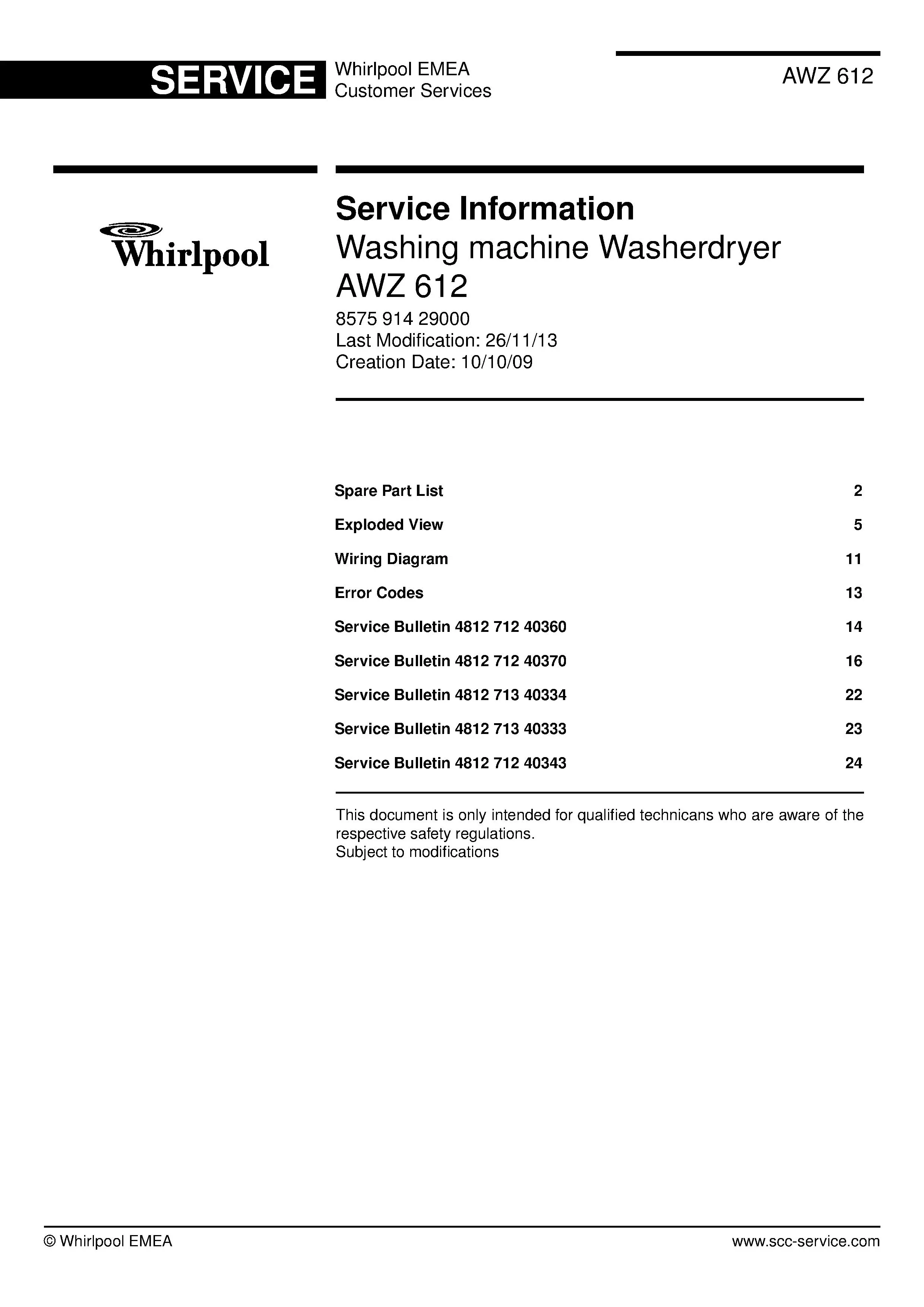 Whirlpool awz 612 service manual cover Whirlpool logo, Whirlpool EMEA customer service, model type, publication date, document number and service manual contents