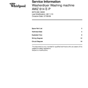 Whirlpool awz 614 e p service manual cover Whirlpool logo, Whirlpool EMEA customer service, model type, publication date, document number and service manual contents