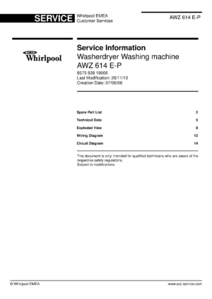 Whirlpool awz 614 e p service manual cover Whirlpool logo, Whirlpool EMEA customer service, model type, publication date, document number and service manual contents