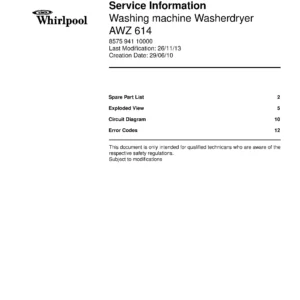 Whirlpool awz 614 service manual cover Whirlpool logo, Whirlpool EMEA customer service, model type, publication date, document number and service manual contents