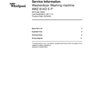 Whirlpool awz 614d e p service manual cover Whirlpool logo, Whirlpool EMEA customer service, model type, publication date, document number and service manual contents