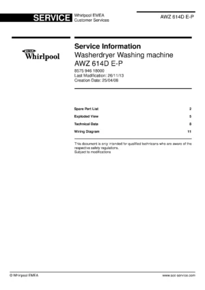 Whirlpool awz 614d e p service manual cover Whirlpool logo, Whirlpool EMEA customer service, model type, publication date, document number and service manual contents