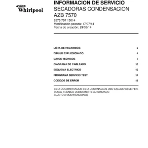 Whirlpool azb 7570 portada del manual de servicio Whirlpool logo, Whirlpool EMEA customer service, model type, publication date, document number and service manual contents