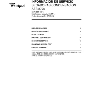 Whirlpool azb 8770 portada del manual de servicio Whirlpool logo, Whirlpool EMEA customer service, model type, publication date, document number and service manual contents