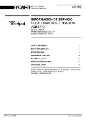 Whirlpool azb 8770 portada del manual de servicio Whirlpool logo, Whirlpool EMEA customer service, model type, publication date, document number and service manual contents
