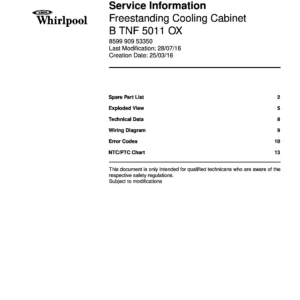 Whirlpool b tnf 5011 ox service manual cover with model code, manual contents and publication date