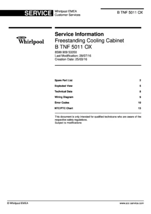 Whirlpool b tnf 5011 ox service manual cover with model code, manual contents and publication date