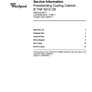 Whirlpool b tnf 5012 ox service manual cover with model code, manual contents and publication date