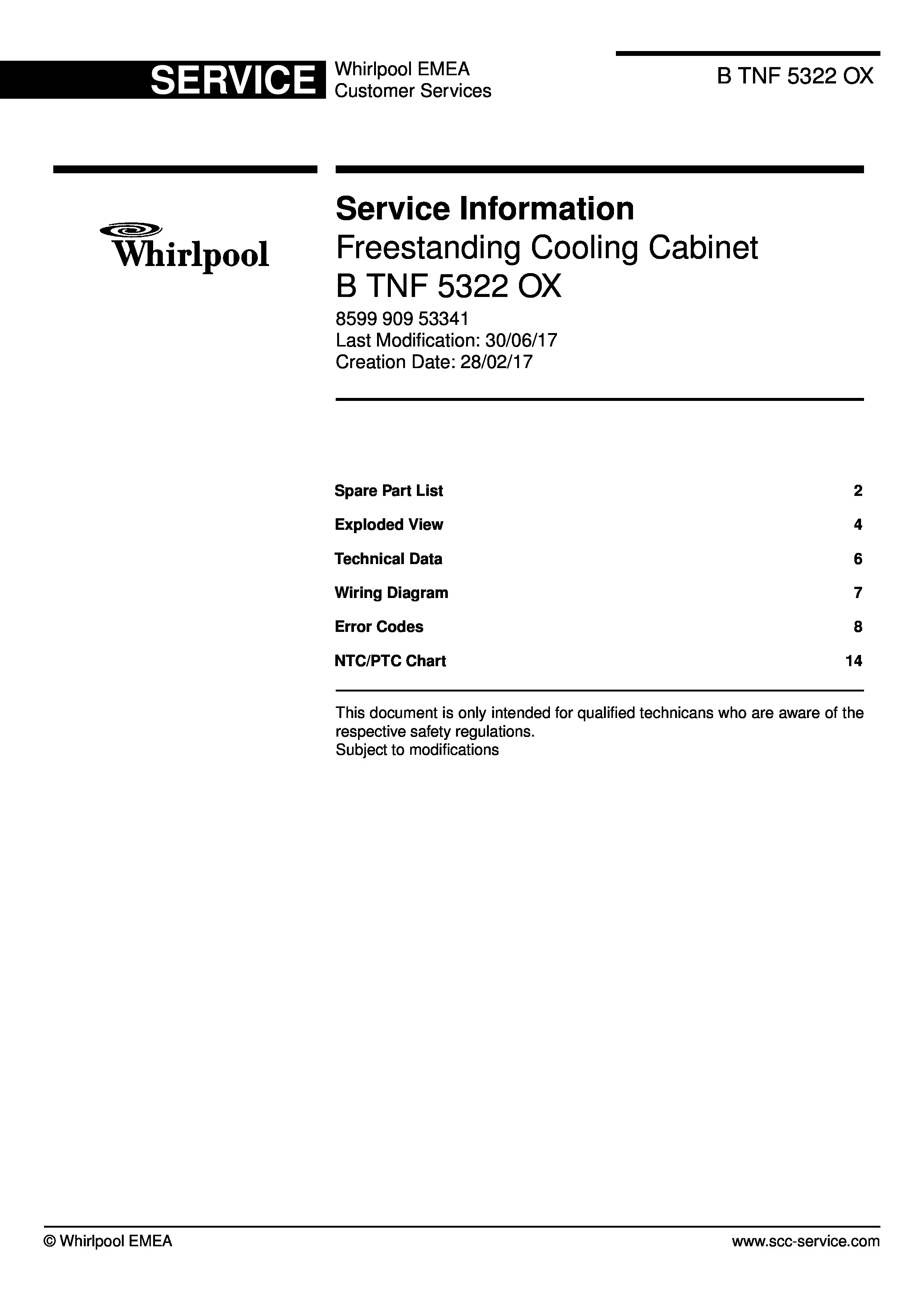 Whirlpool b tnf 5322 ox service manual cover with model code, manual contents and publication date