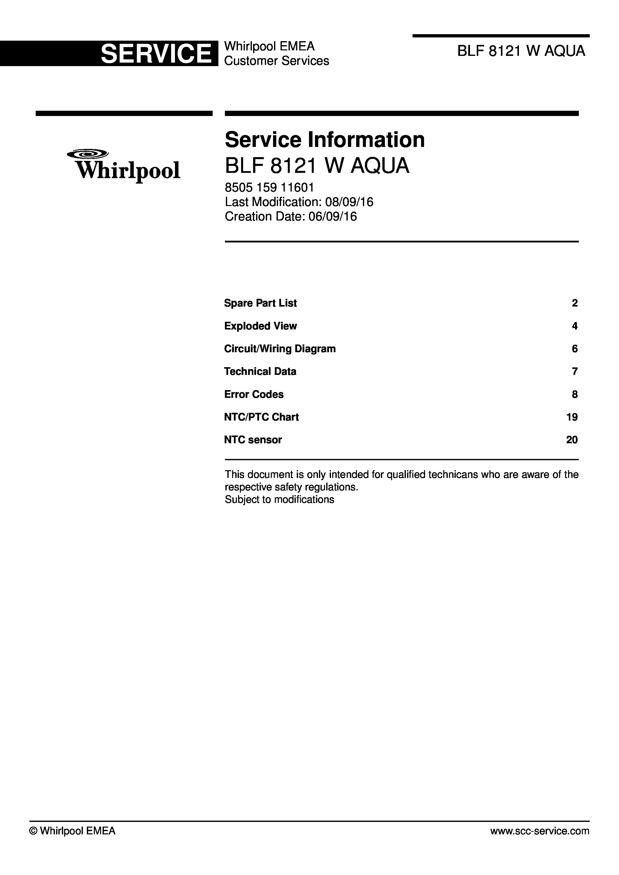 Whirlpool blf 8121 w aqua service manual cover with model code, manual contents and publication date