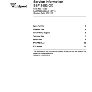Whirlpool bsf 8452 ox service manual cover with model code, manual contents and publication date