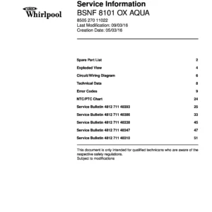 Whirlpool bsnf 8101 ox aqua service guide service manual cover with model code, manual contents and publication date