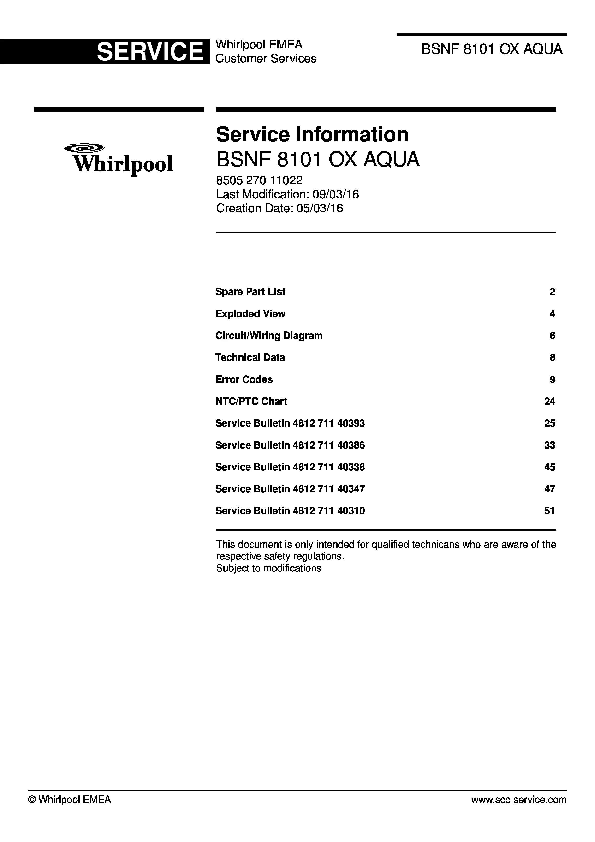 Whirlpool bsnf 8101 ox aqua service guide service manual cover with model code, manual contents and publication date