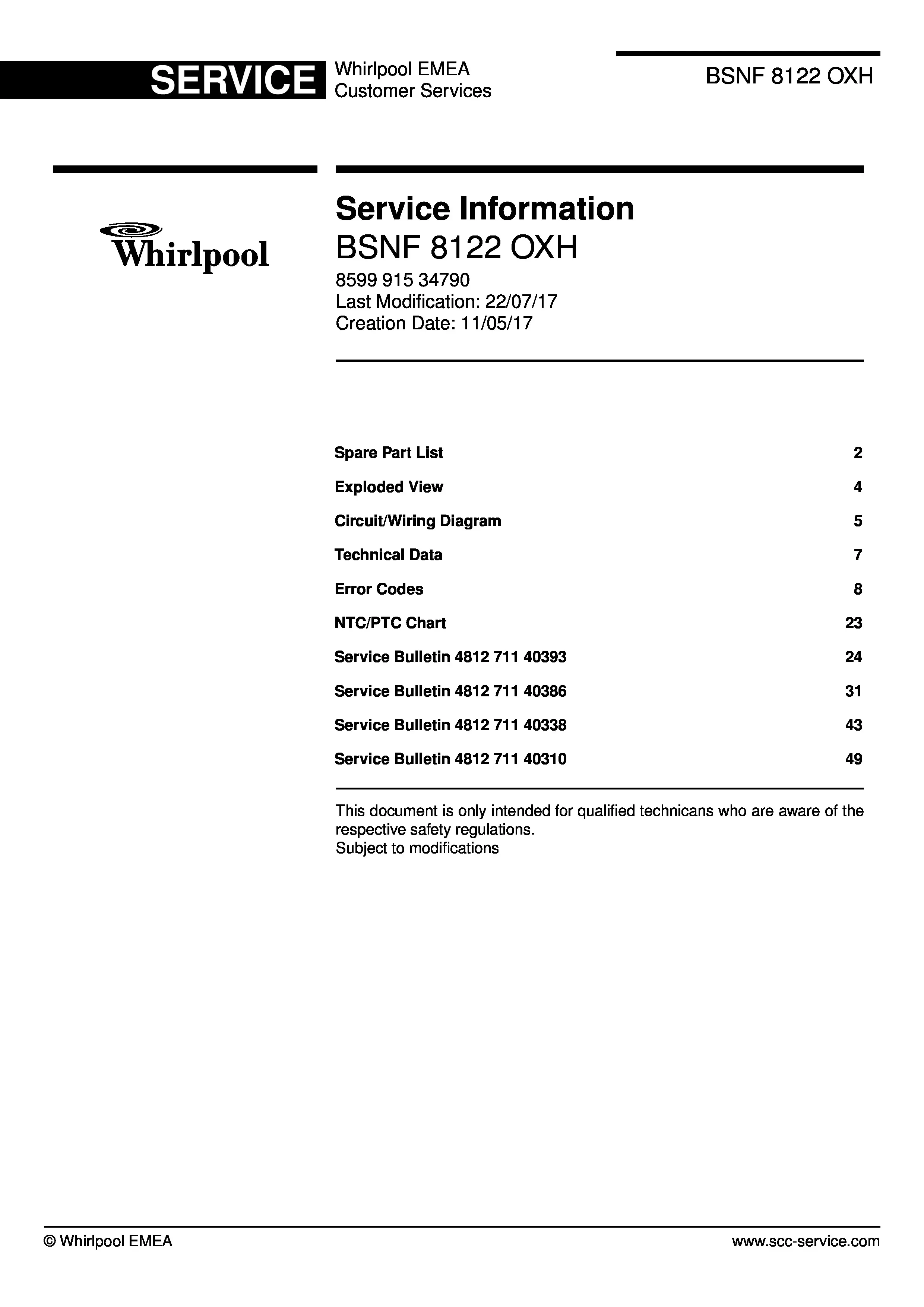 Whirlpool bsnf 8122 oxh service manual cover with model code, manual contents and publication date