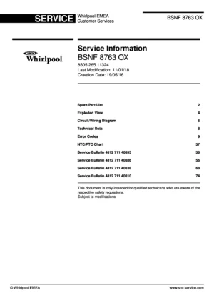 Whirlpool bsnf 8763 ox service manual cover with model code, manual contents and publication date