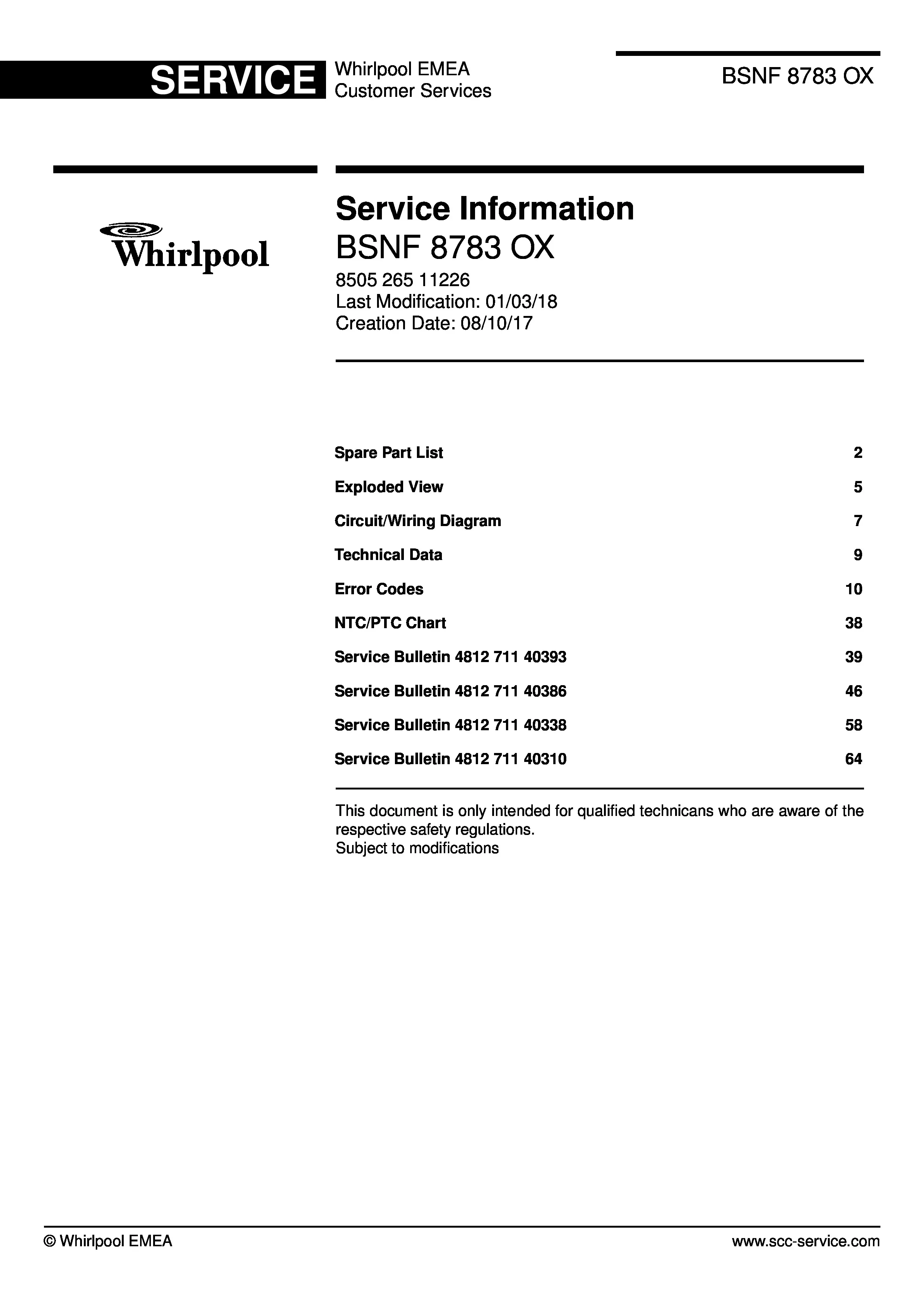 Whirlpool bsnf 8783 ox service manual cover with model code, manual contents and publication date