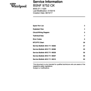Whirlpool bsnf 9752 ox service manual cover with model code, manual contents and publication date
