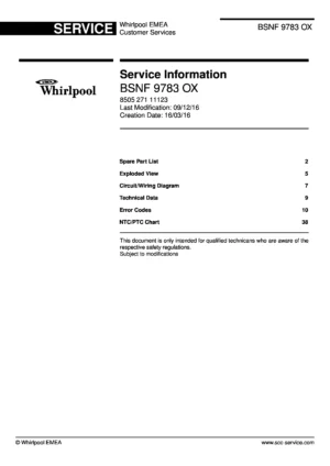 Whirlpool bsnf 9783 ox service manual cover with model code, manual contents and publication date