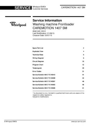 Whirlpool caremotion 1407 sm service manual cover Whirlpool logo, Whirlpool EMEA customer service, model type, publication date, document number and service manual contents
