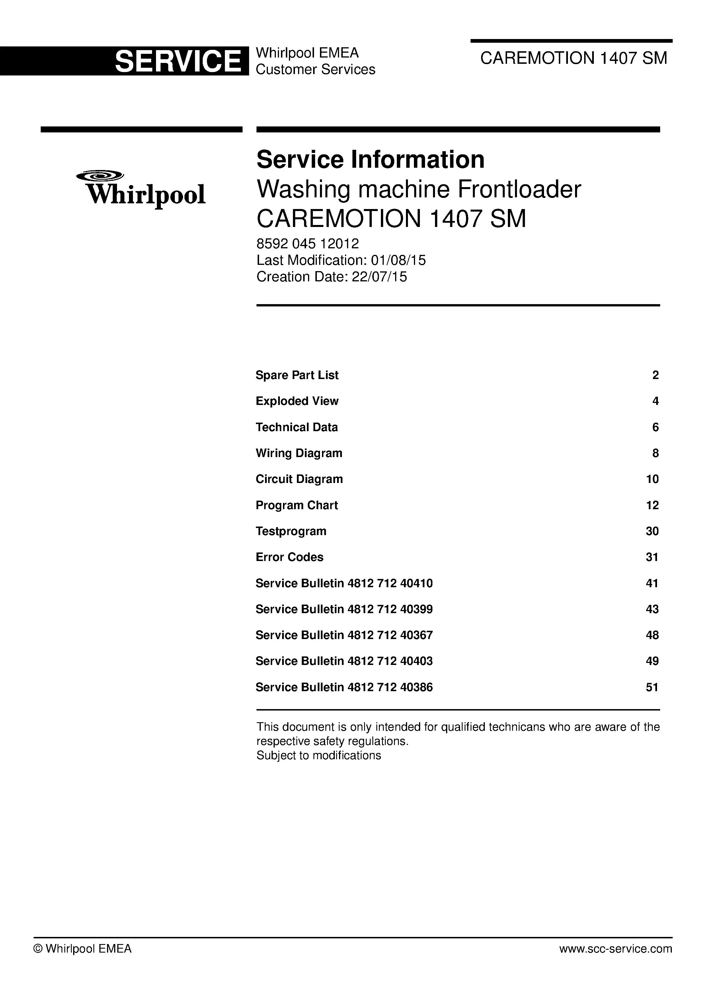 Whirlpool caremotion 1407 sm service manual cover Whirlpool logo, Whirlpool EMEA customer service, model type, publication date, document number and service manual contents