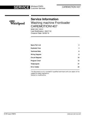 Whirlpool caremotion1407 service manual cover Whirlpool logo, Whirlpool EMEA customer service, model type, publication date, document number and service manual contents