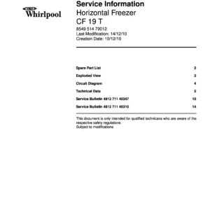 Whirlpool cf 19 t service manual cover with model code, manual contents and publication date