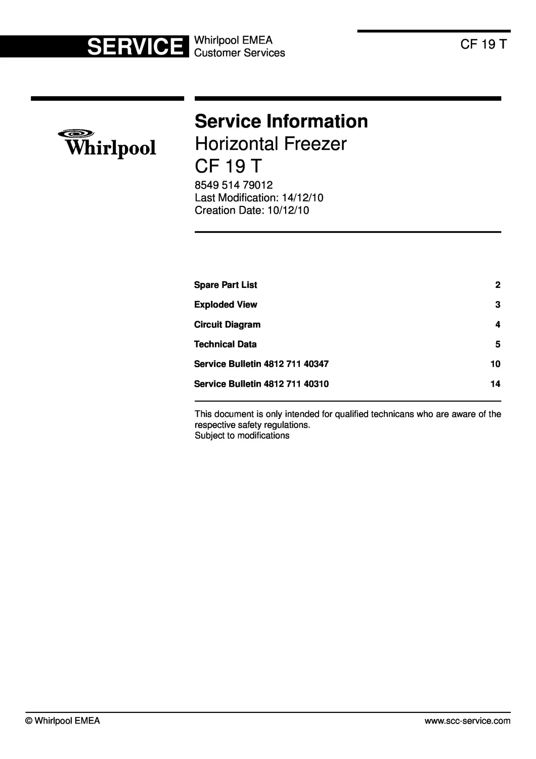 Whirlpool cf 19 t service manual cover with model code, manual contents and publication date