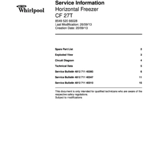 Whirlpool cf 27t service manual cover with model code, manual contents and publication date
