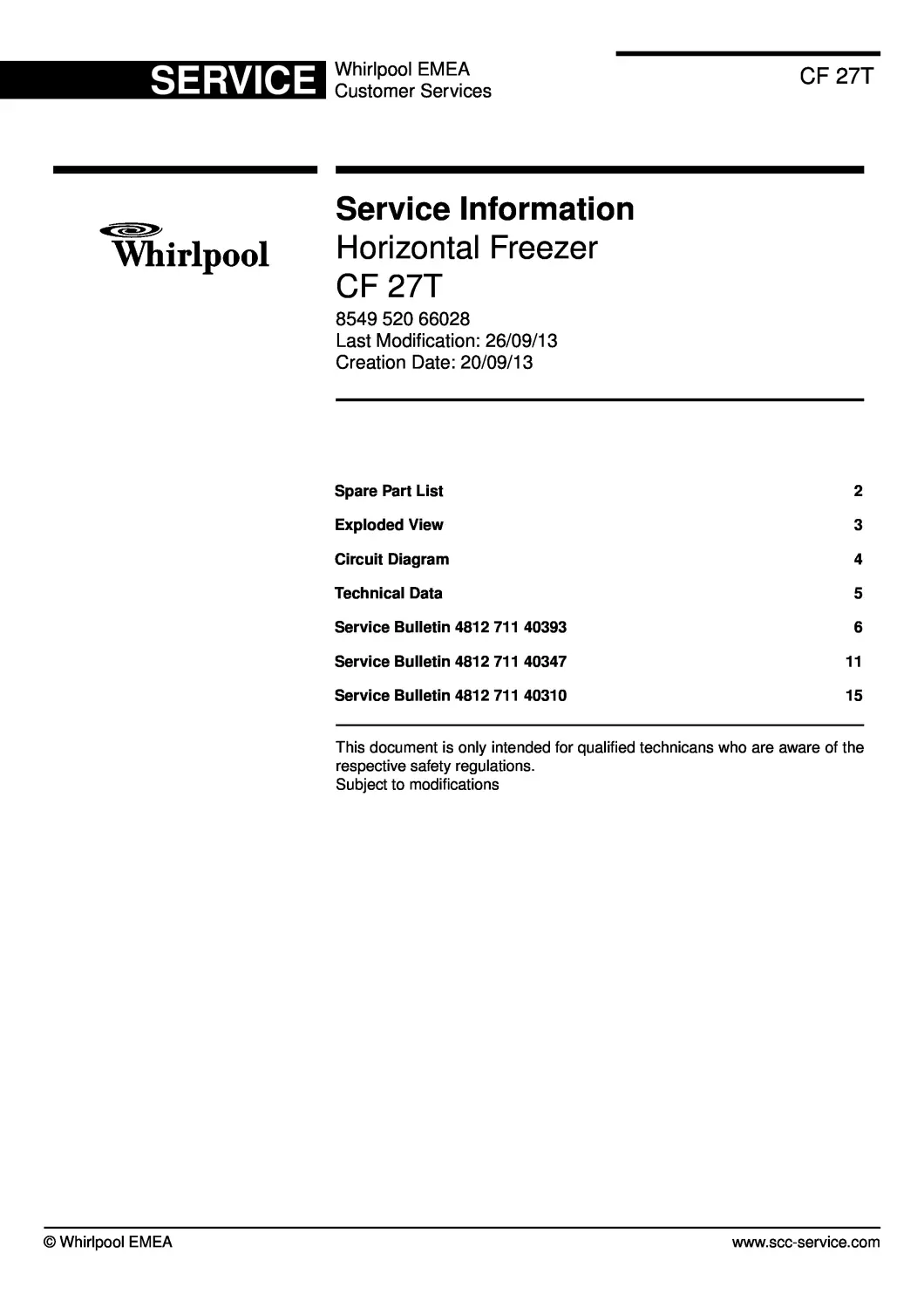 Whirlpool cf 27t service manual cover with model code, manual contents and publication date