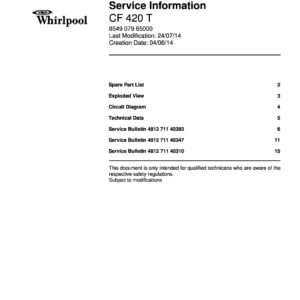 Whirlpool cf 420 t service manual cover with model code, manual contents and publication date