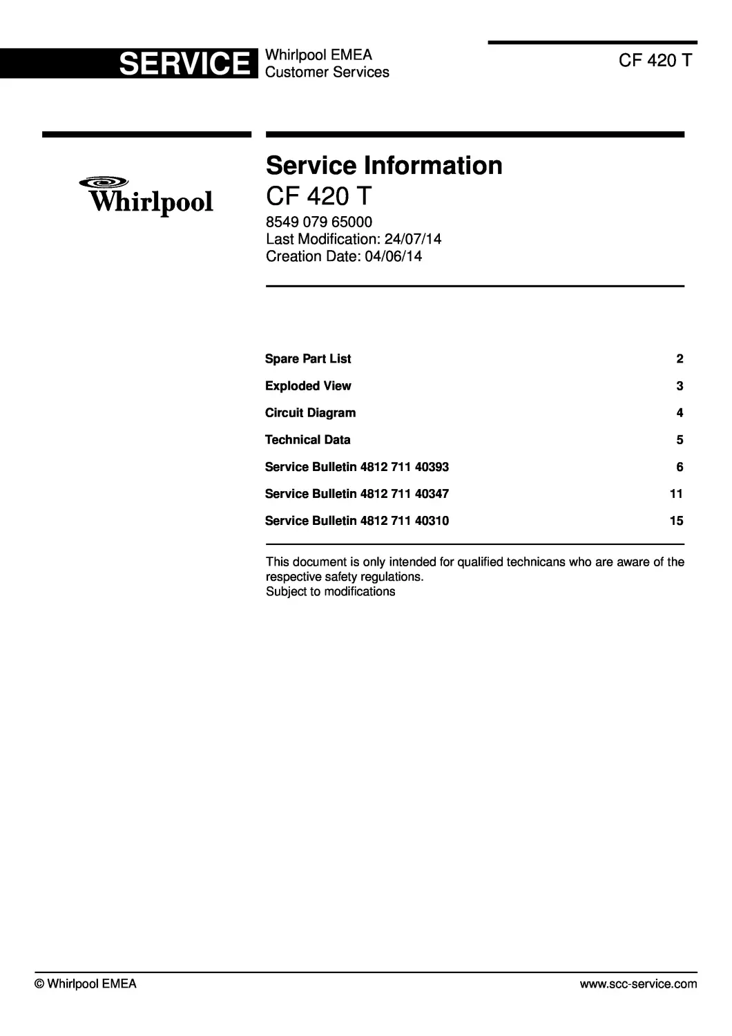 Whirlpool cf 420 t service manual cover with model code, manual contents and publication date