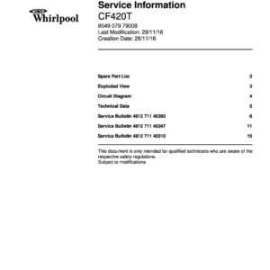 Whirlpool cf420t service manual cover with model code, manual contents and publication date