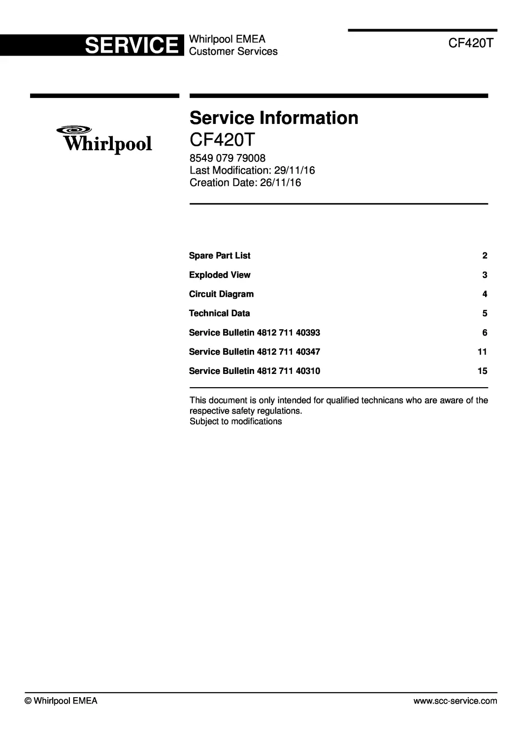 Whirlpool cf420t service manual cover with model code, manual contents and publication date