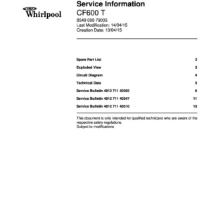 Whirlpool cf600 t service manual cover with model code, manual contents and publication date