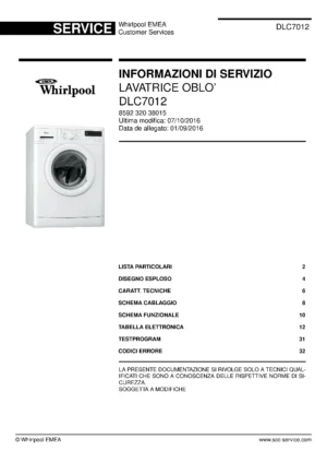 Whirlpool dlc7012 copertina del manuale di servizio Whirlpool logo, Whirlpool EMEA customer service, model type, publication date, document number and service manual contents